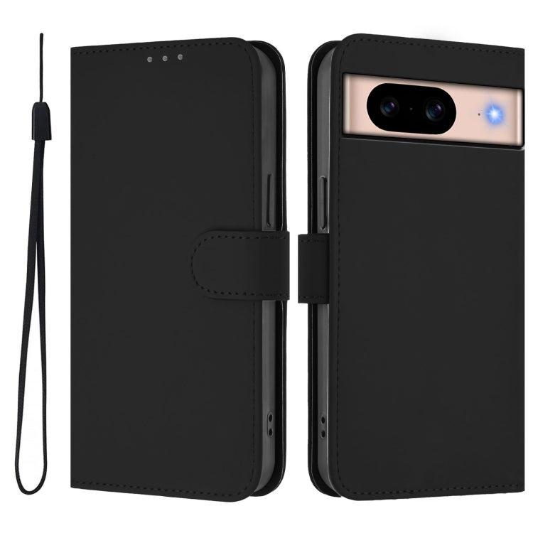 For Google Pixel 8a Skin Feel Solid Color Leather Phone Case with Lanyard
