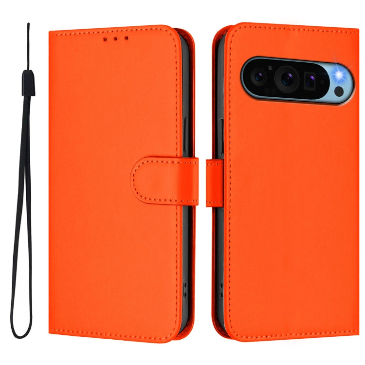 For Google Pixel 9 Pro XL Skin Feel Solid Color Leather Phone Case with Lanyard