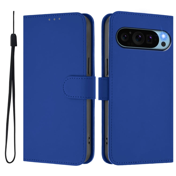 For Google Pixel 9 Pro XL Skin Feel Solid Color Leather Phone Case with Lanyard