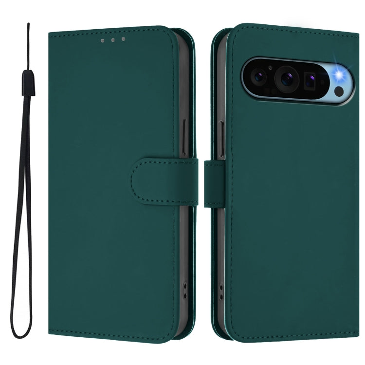 For Google Pixel 9 Pro XL Skin Feel Solid Color Leather Phone Case with Lanyard