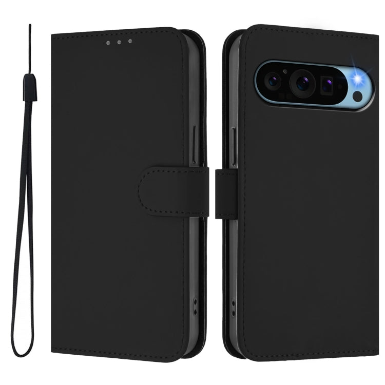 For Google Pixel 9 Pro XL Skin Feel Solid Color Leather Phone Case with Lanyard