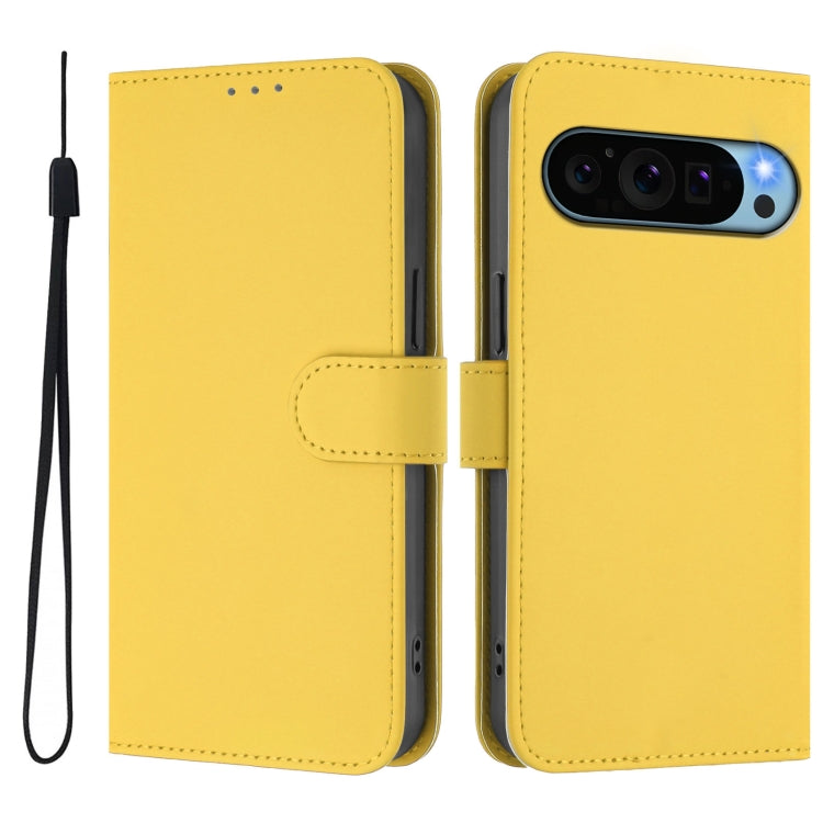 For Google Pixel 9 Pro XL Skin Feel Solid Color Leather Phone Case with Lanyard