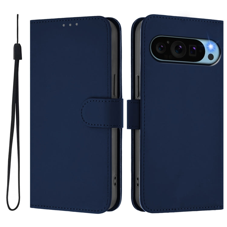For Google Pixel 9 Pro XL Skin Feel Solid Color Leather Phone Case with Lanyard