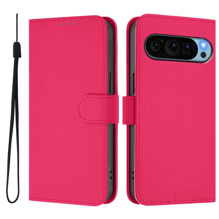 For Google Pixel 9 Pro XL Skin Feel Solid Color Leather Phone Case with Lanyard