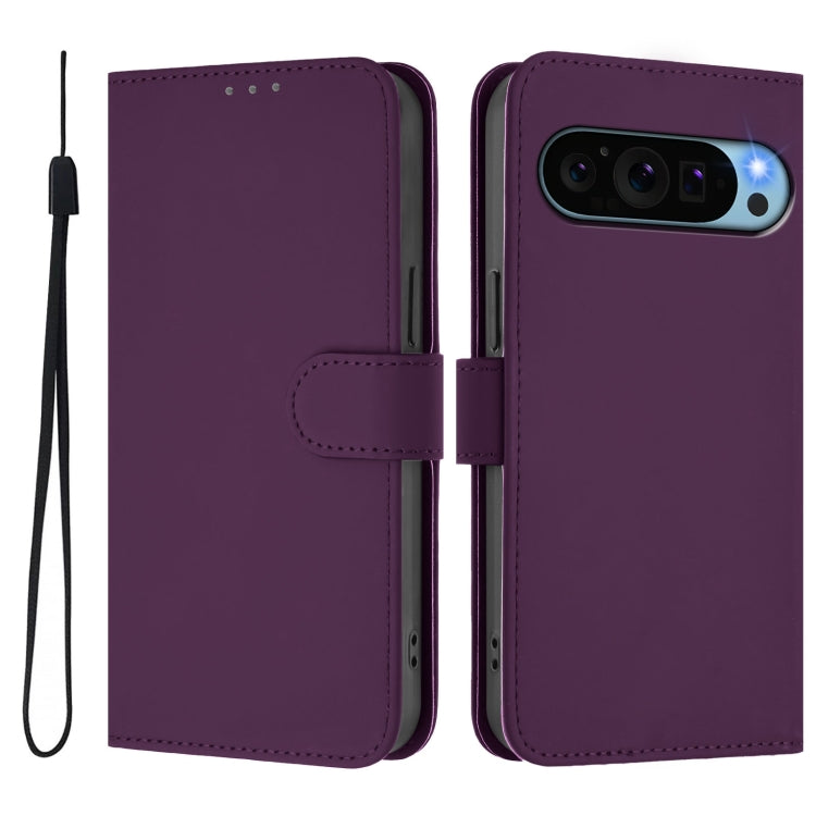 For Google Pixel 9 Pro XL Skin Feel Solid Color Leather Phone Case with Lanyard