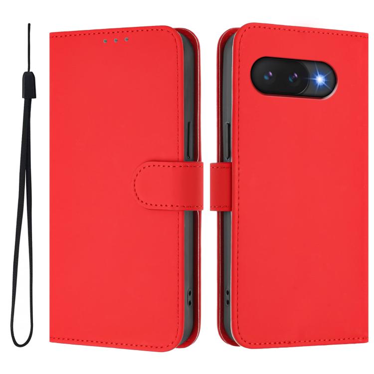 For Google Pixel 9a Skin Feel Solid Color Leather Phone Case with Lanyard