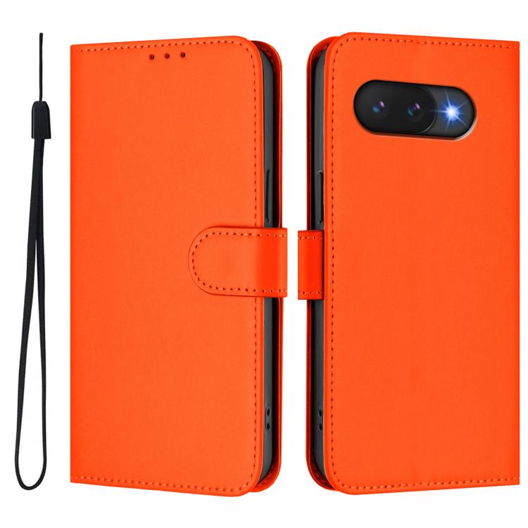 For Google Pixel 9a Skin Feel Solid Color Leather Phone Case with Lanyard