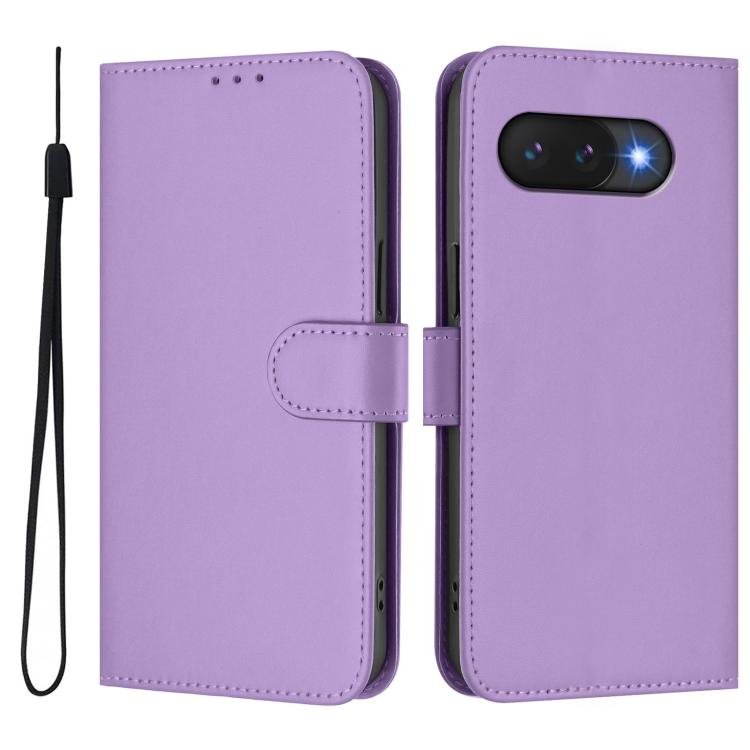 For Google Pixel 9a Skin Feel Solid Color Leather Phone Case with Lanyard