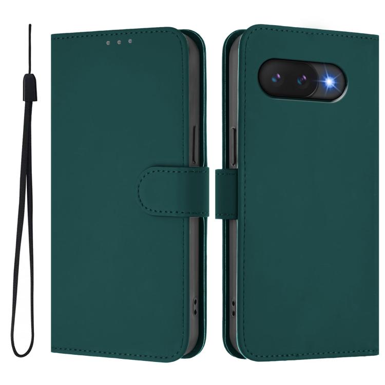 For Google Pixel 9a Skin Feel Solid Color Leather Phone Case with Lanyard