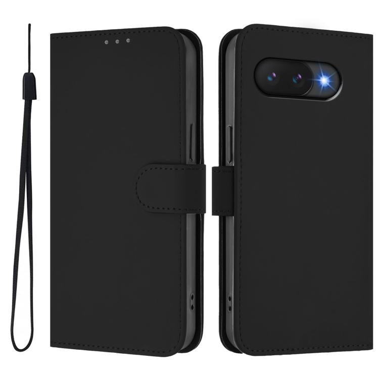 For Google Pixel 9a Skin Feel Solid Color Leather Phone Case with Lanyard