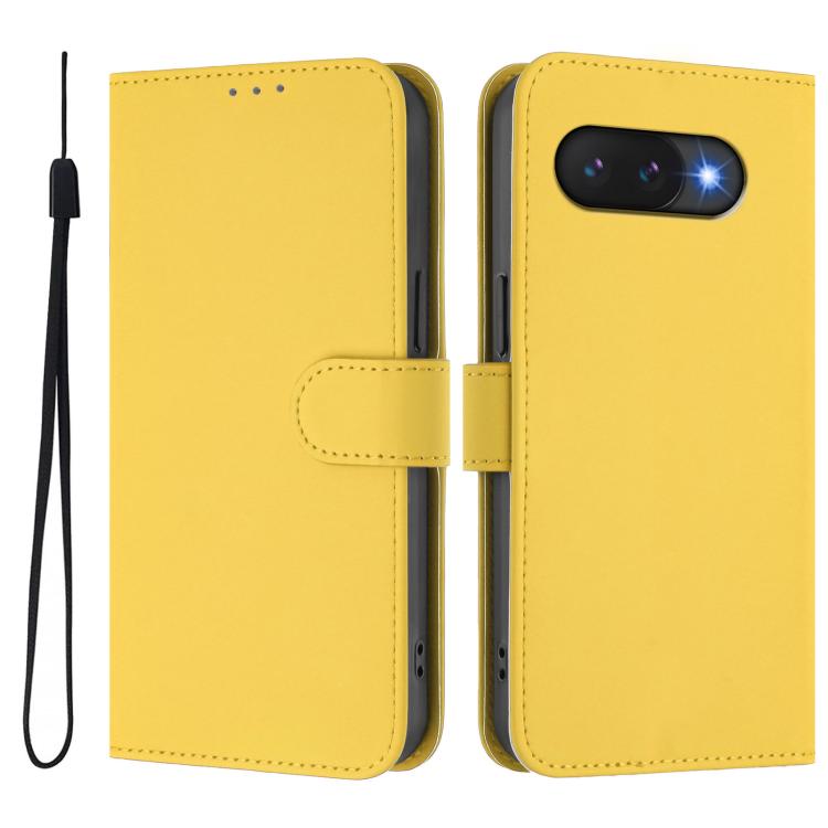 For Google Pixel 9a Skin Feel Solid Color Leather Phone Case with Lanyard