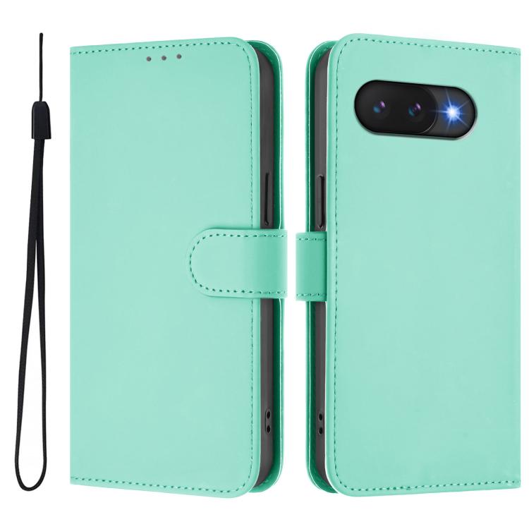 For Google Pixel 9a Skin Feel Solid Color Leather Phone Case with Lanyard