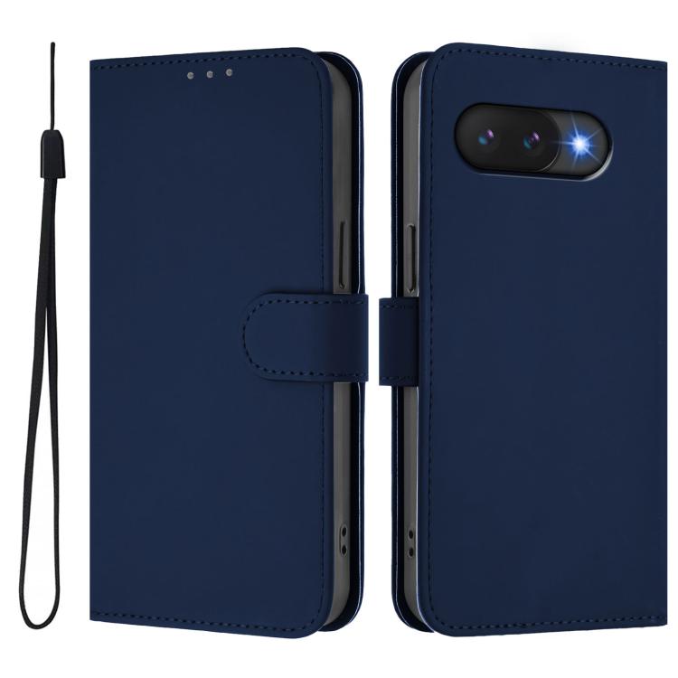 For Google Pixel 9a Skin Feel Solid Color Leather Phone Case with Lanyard