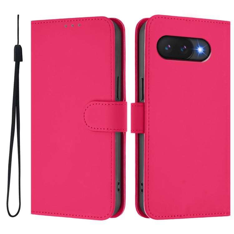 For Google Pixel 9a Skin Feel Solid Color Leather Phone Case with Lanyard