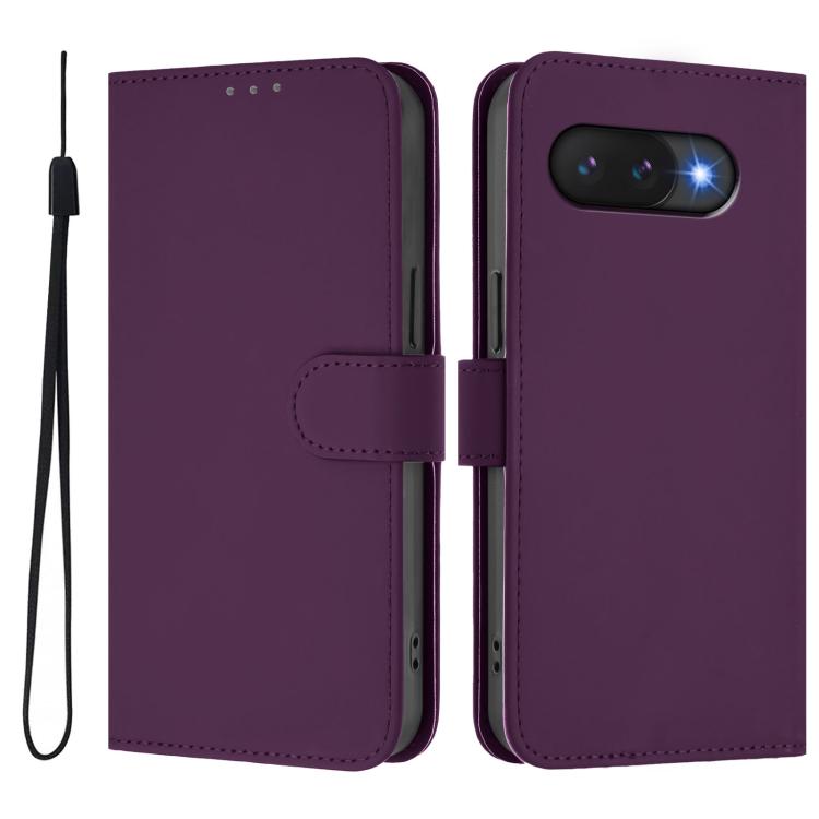 For Google Pixel 9a Skin Feel Solid Color Leather Phone Case with Lanyard
