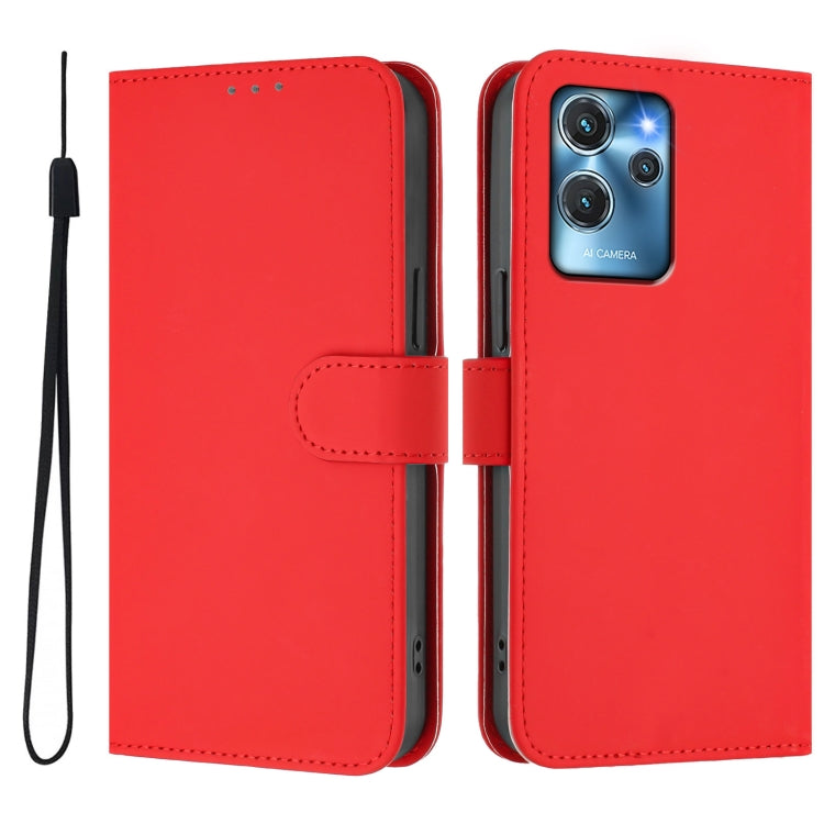 For Oukitel C32 Skin Feel Solid Color Leather Phone Case with Lanyard