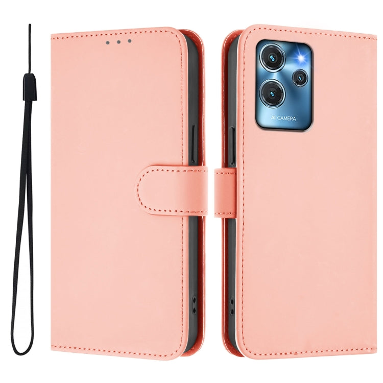 For Oukitel C32 Skin Feel Solid Color Leather Phone Case with Lanyard