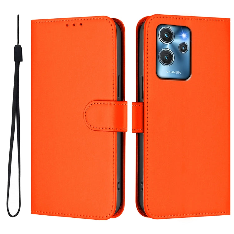For Oukitel C32 Skin Feel Solid Color Leather Phone Case with Lanyard