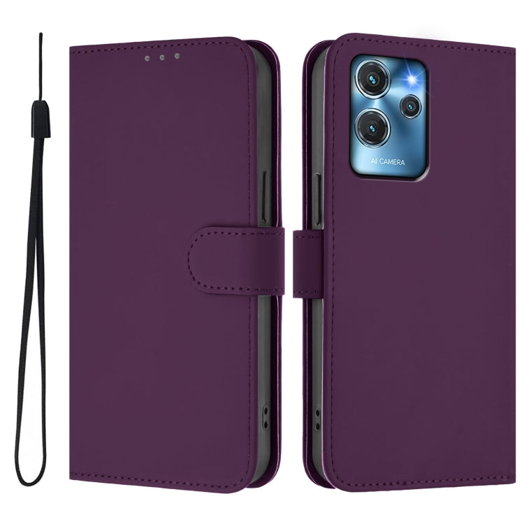 For Oukitel C32 Skin Feel Solid Color Leather Phone Case with Lanyard