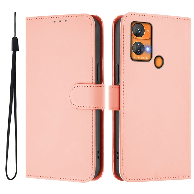 For Oukitel C33 Skin Feel Solid Color Leather Phone Case with Lanyard