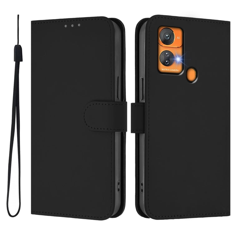 For Oukitel C33 Skin Feel Solid Color Leather Phone Case with Lanyard