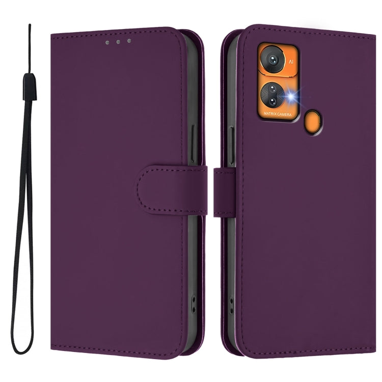 For Oukitel C33 Skin Feel Solid Color Leather Phone Case with Lanyard