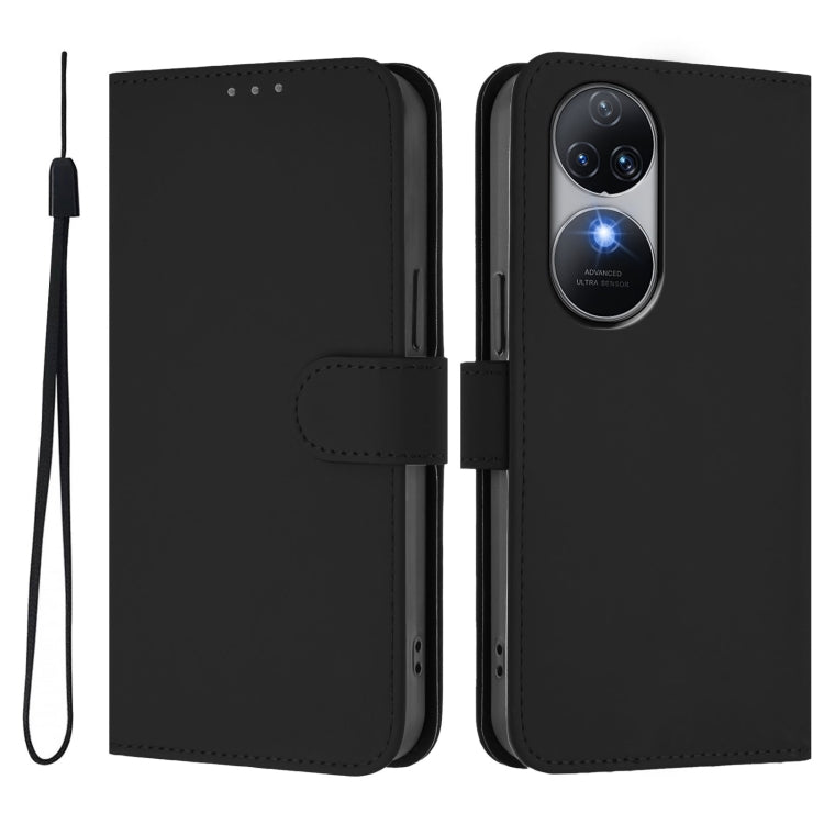 For Oukitel C38 Skin Feel Solid Color Leather Phone Case with Lanyard