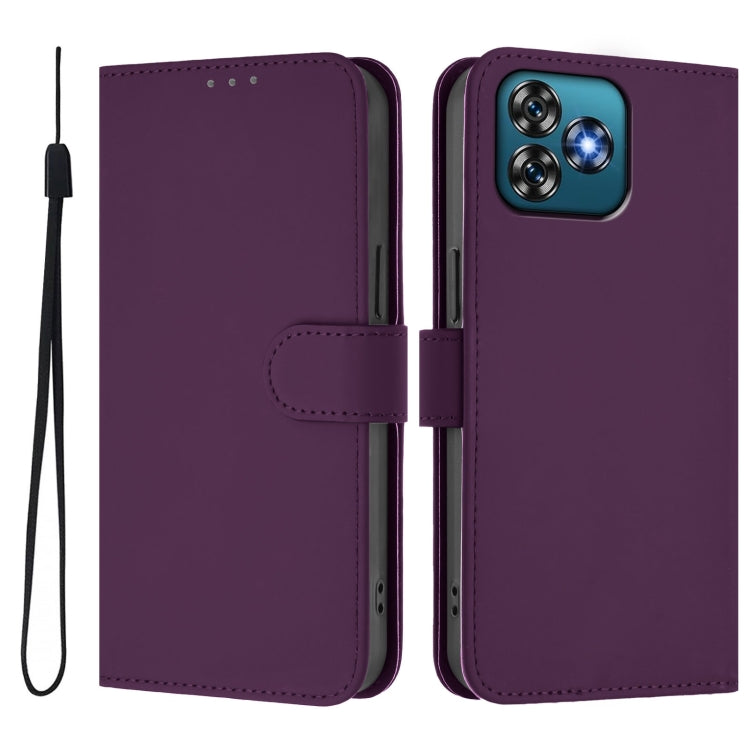 For Oukitel C53 Skin Feel Solid Color Leather Phone Case with Lanyard