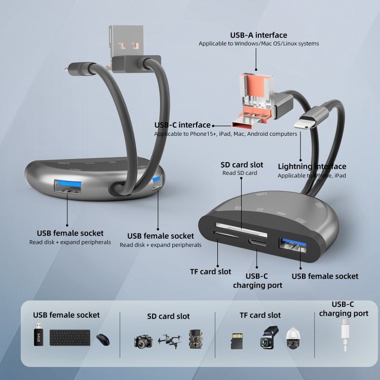 NK-1052TL Pro USB-C / Type-C, 8 Pin, USB to USB-C / Type-C, 3 x USB, TF / SD Card Multi-function Adapter - Dark Grey