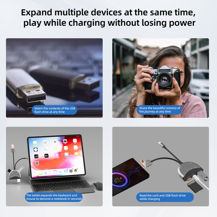NK-1052TL Pro USB-C / Type-C, 8 Pin, USB to USB-C / Type-C, 3 x USB, TF / SD Card Multi-function Adapter - Dark Grey