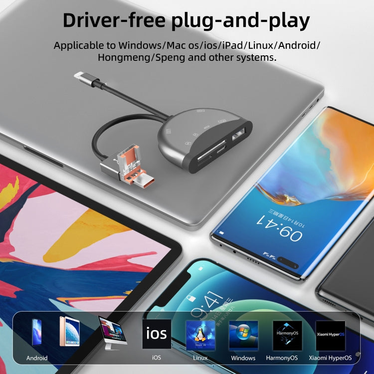 NK-1052TL Pro USB-C / Type-C, 8 Pin, USB to USB-C / Type-C, 3 x USB, TF / SD Card Multi-function Adapter - Dark Grey