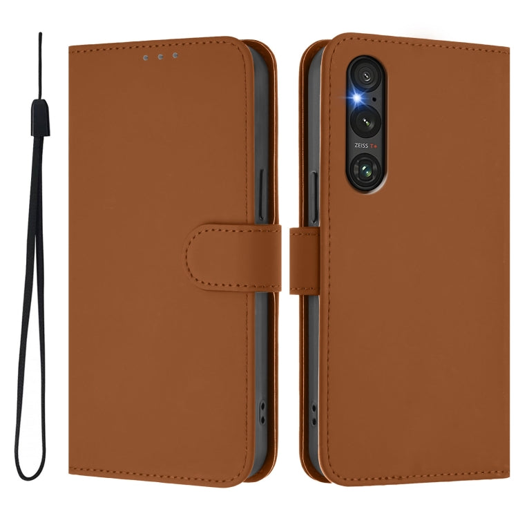 For Sony Xperia 1 V 2023 Skin Feel Solid Color Leather Phone Case with Lanyard