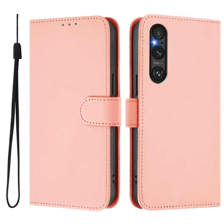 For Sony Xperia 1 V 2023 Skin Feel Solid Color Leather Phone Case with Lanyard