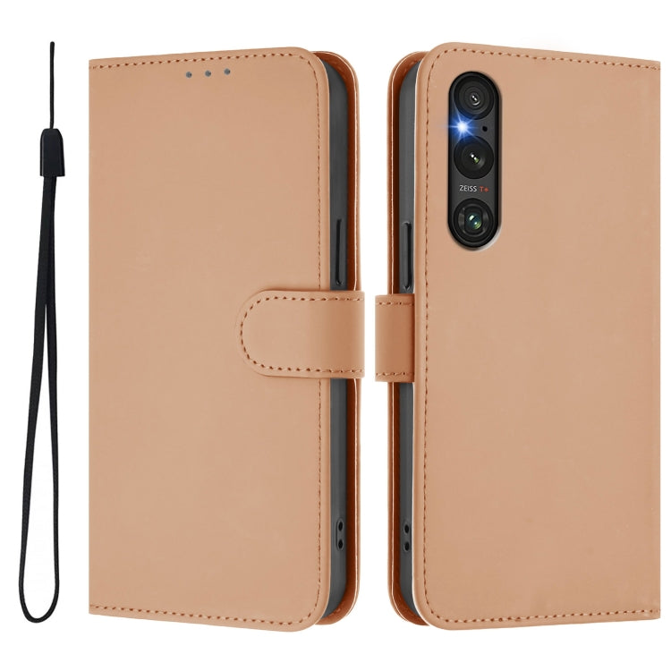 For Sony Xperia 1 V 2023 Skin Feel Solid Color Leather Phone Case with Lanyard