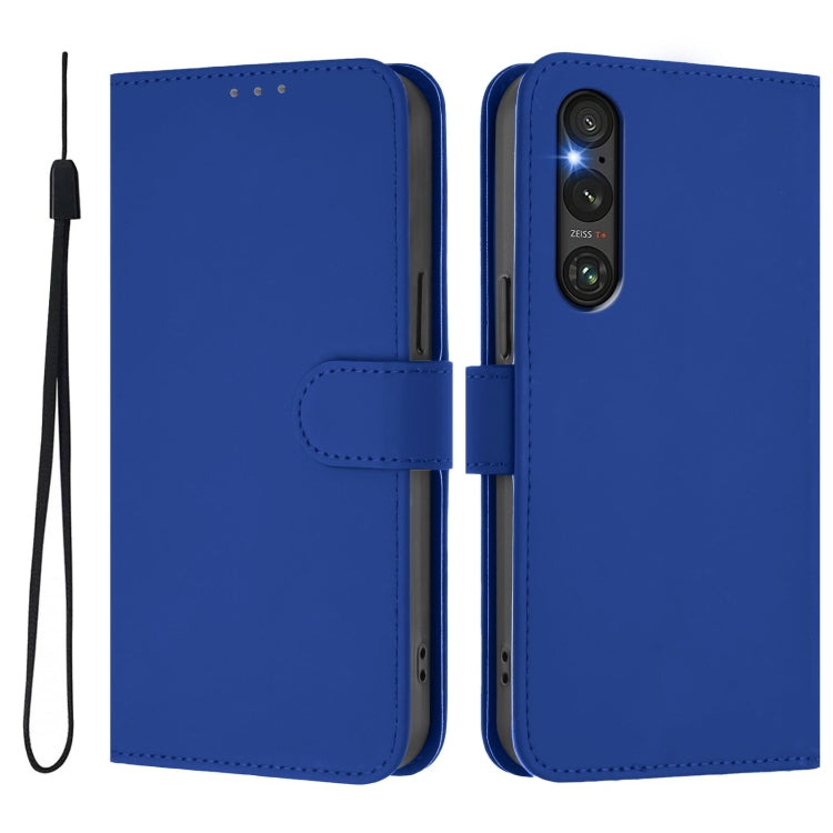 For Sony Xperia 1 V 2023 Skin Feel Solid Color Leather Phone Case with Lanyard