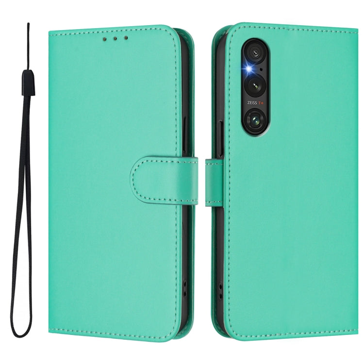 For Sony Xperia 1 V 2023 Skin Feel Solid Color Leather Phone Case with Lanyard