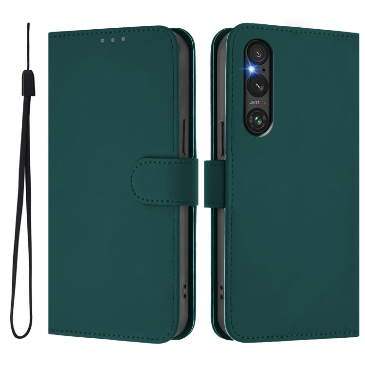 For Sony Xperia 1 V 2023 Skin Feel Solid Color Leather Phone Case with Lanyard