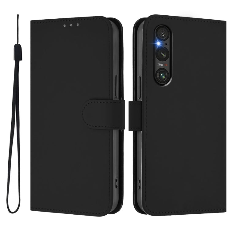 For Sony Xperia 1 V 2023 Skin Feel Solid Color Leather Phone Case with Lanyard