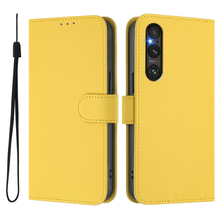 For Sony Xperia 1 V 2023 Skin Feel Solid Color Leather Phone Case with Lanyard