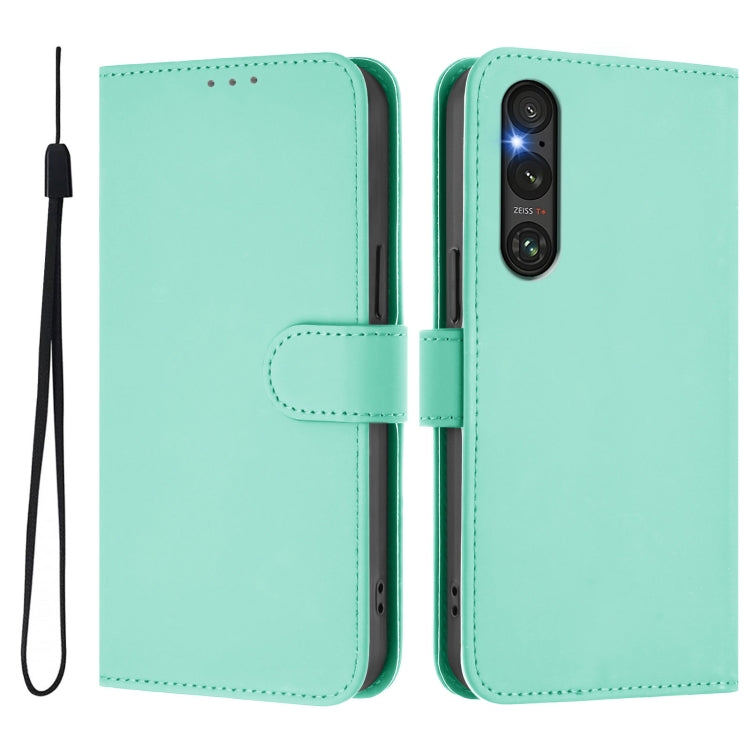 For Sony Xperia 1 V 2023 Skin Feel Solid Color Leather Phone Case with Lanyard
