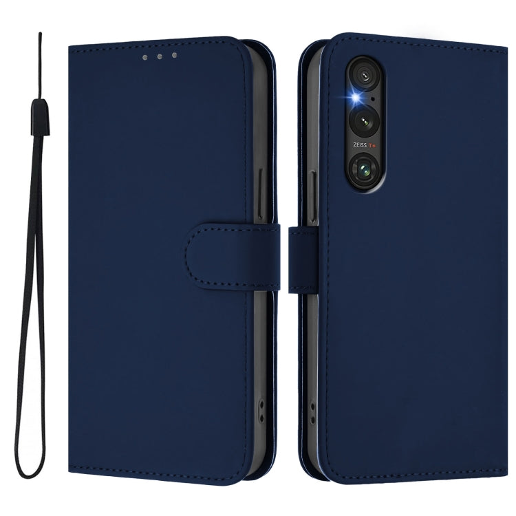 For Sony Xperia 1 V 2023 Skin Feel Solid Color Leather Phone Case with Lanyard
