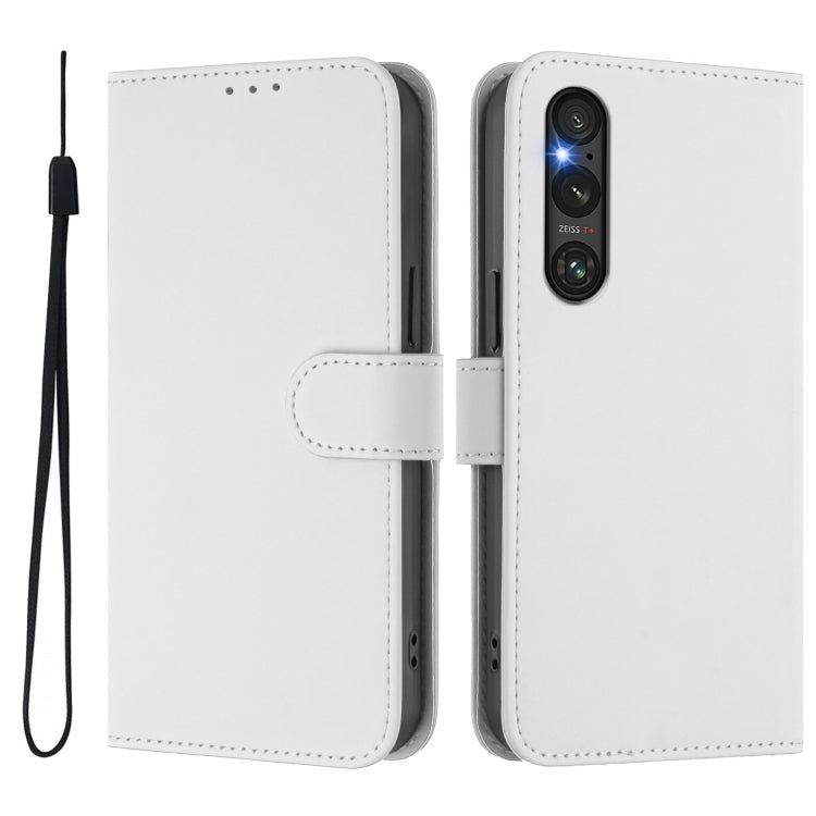 For Sony Xperia 1 V 2023 Skin Feel Solid Color Leather Phone Case with Lanyard