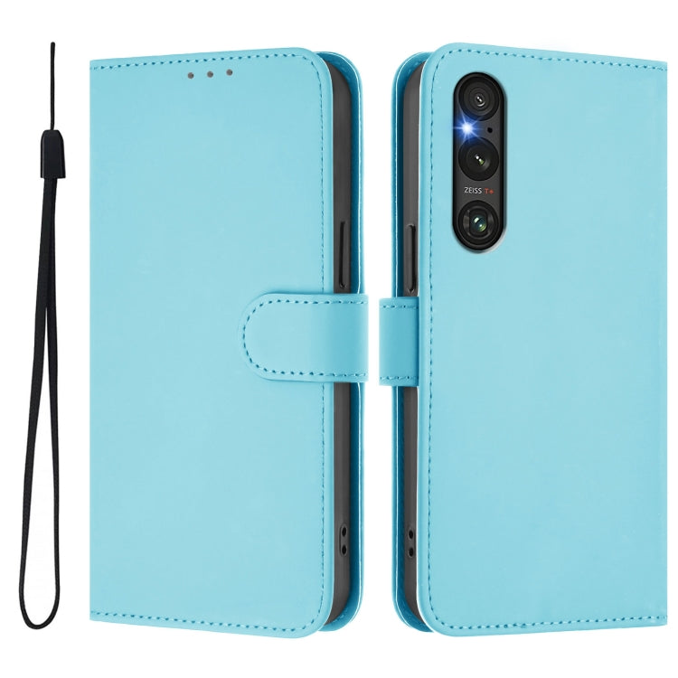 For Sony Xperia 1 V 2023 Skin Feel Solid Color Leather Phone Case with Lanyard