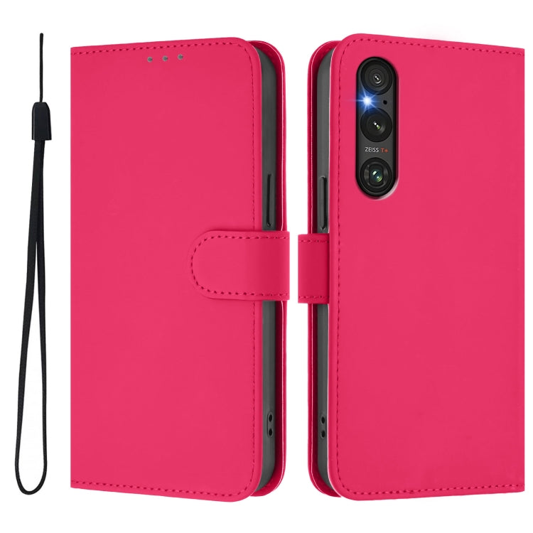 For Sony Xperia 1 V 2023 Skin Feel Solid Color Leather Phone Case with Lanyard