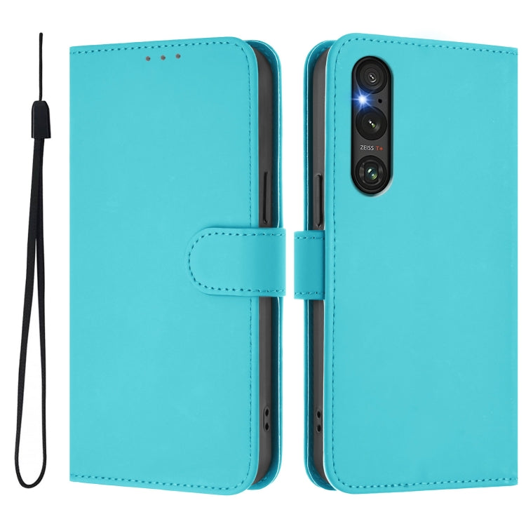 For Sony Xperia 1 V 2023 Skin Feel Solid Color Leather Phone Case with Lanyard
