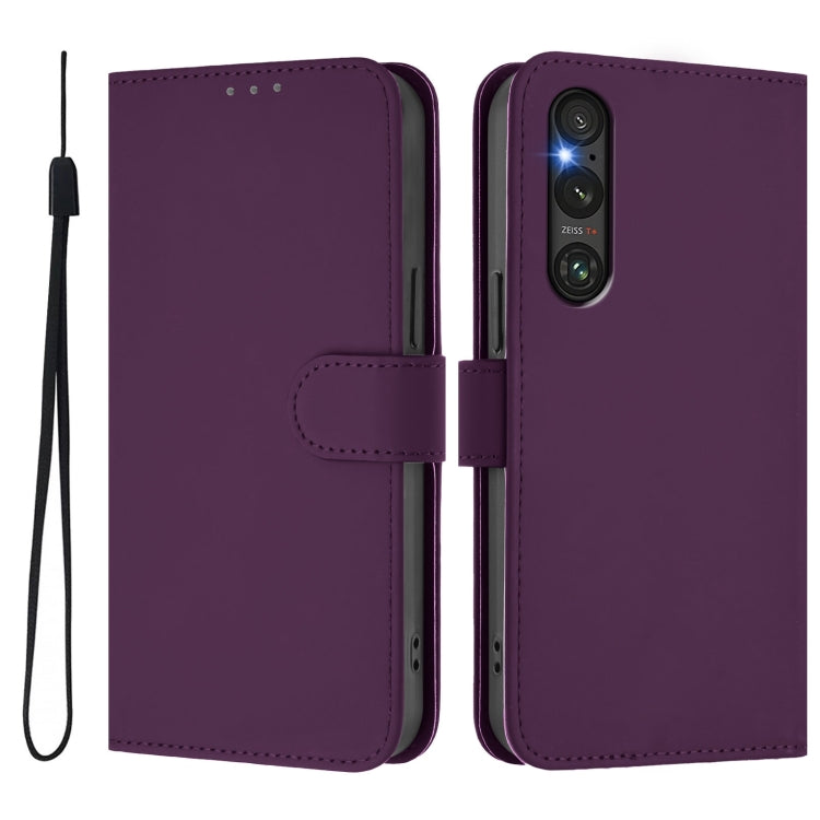 For Sony Xperia 1 V 2023 Skin Feel Solid Color Leather Phone Case with Lanyard