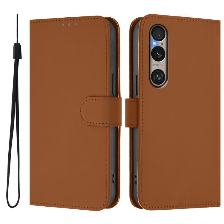 For Sony Xperia 1 VI 2024 Skin Feel Solid Color Leather Phone Case with Lanyard