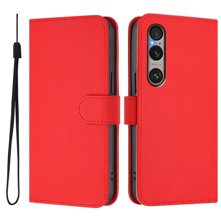 For Sony Xperia 1 VI 2024 Skin Feel Solid Color Leather Phone Case with Lanyard