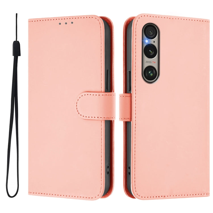 For Sony Xperia 1 VI 2024 Skin Feel Solid Color Leather Phone Case with Lanyard