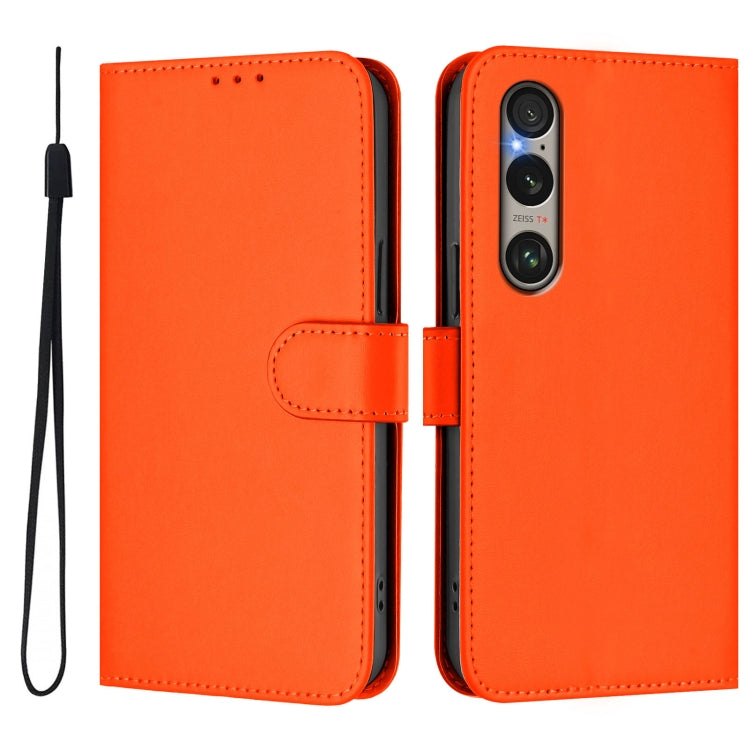 For Sony Xperia 1 VI 2024 Skin Feel Solid Color Leather Phone Case with Lanyard